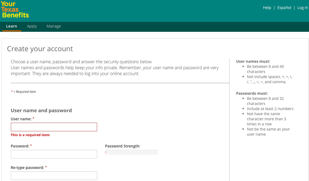 Your Texas Benefits Create Account