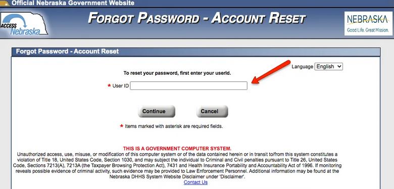 Reset ACCESSNebraska Login Password
